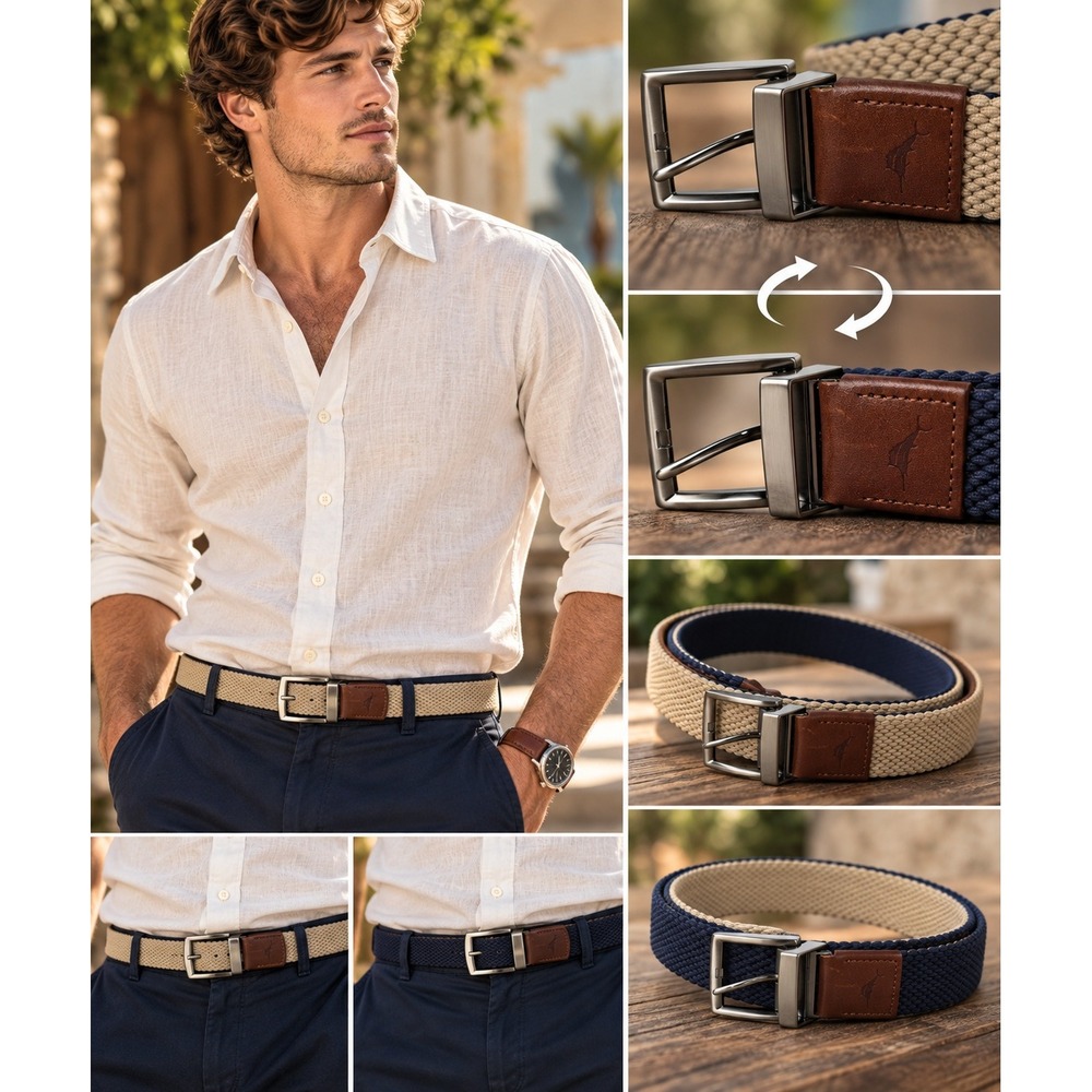 Tommy Bahama Belt S/M Khaki/Navy Reversible Braided Leather Trim #1611